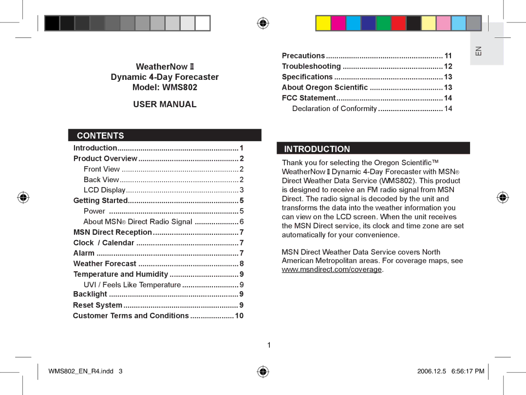 Oregon Scientific WMS802 user manual Contents, Introduction 