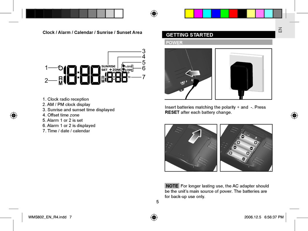 Oregon Scientific WMS802 user manual Getting Started, Clock / Alarm / Calendar / Sunrise / Sunset Area, Power 