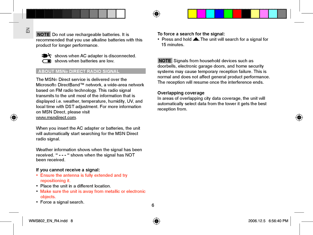 Oregon Scientific WMS802 About MSN Direct Radio Signal, If you cannot receive a signal, To force a search for the signal 