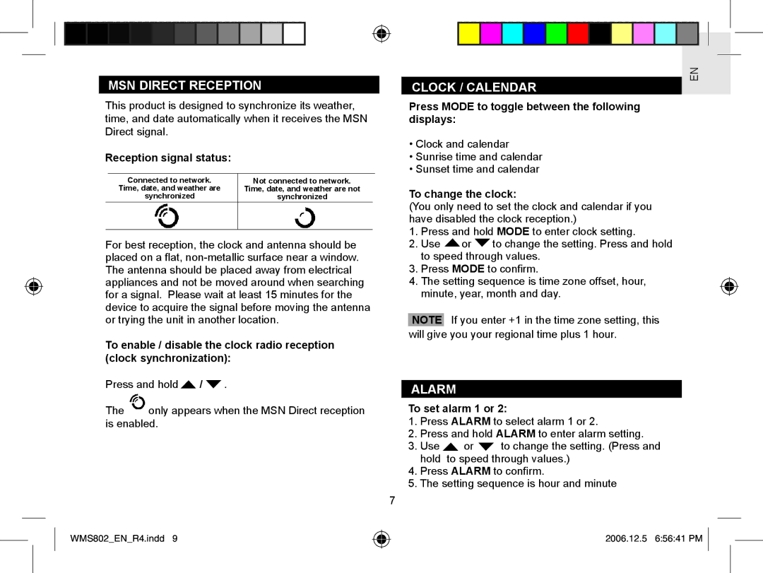 Oregon Scientific WMS802 user manual MSN Direct Reception, Alarm 