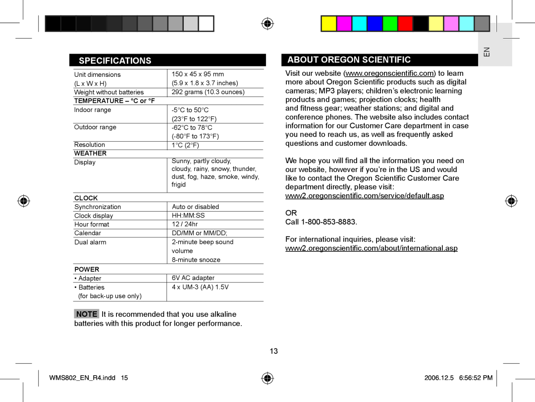 Oregon Scientific WMS802 user manual Specifications, About Oregon Scientific 