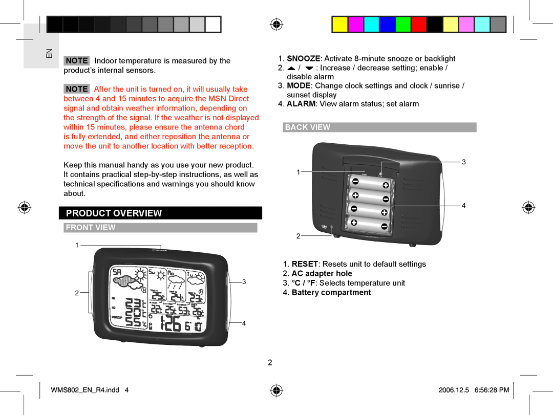 Oregon Scientific WMS802 user manual Product Overview, Front View, Back View, AC adapter hole, Battery compartment 