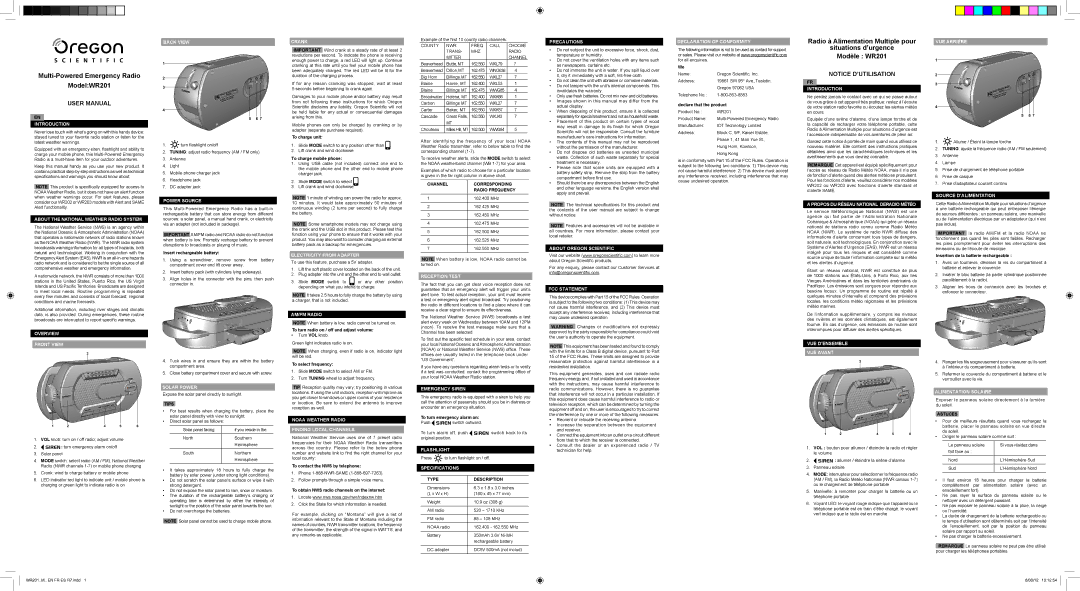 Oregon Scientific WR201 user manual Introduction, About the National Weather Radio System, Overview Front View, Back View 