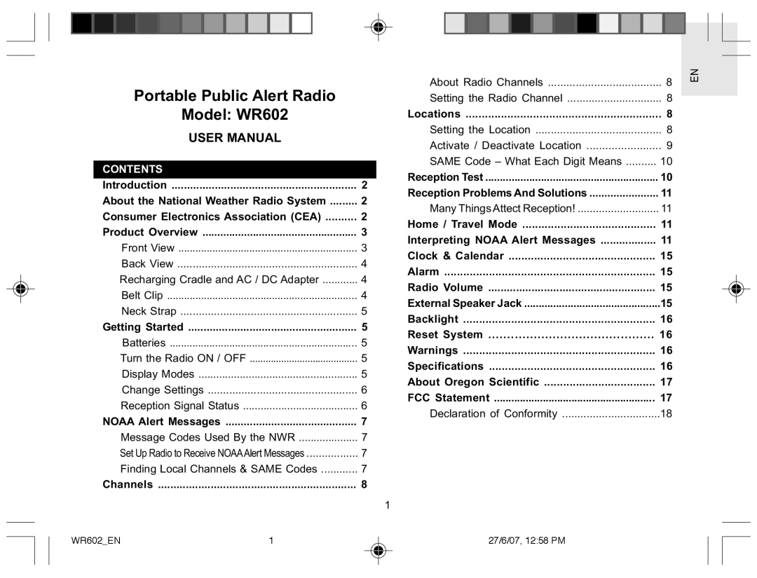 Oregon Scientific user manual Model WR602, Contents 