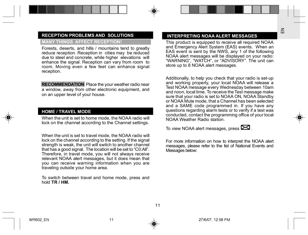 Oregon Scientific WR602 user manual Home / Travel Mode, Interpreting Noaa Alert Messages 