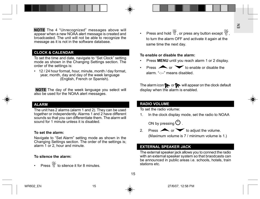 Oregon Scientific WR602 user manual Clock & Calendar, Alarm, Radio Volume, External Speaker Jack 