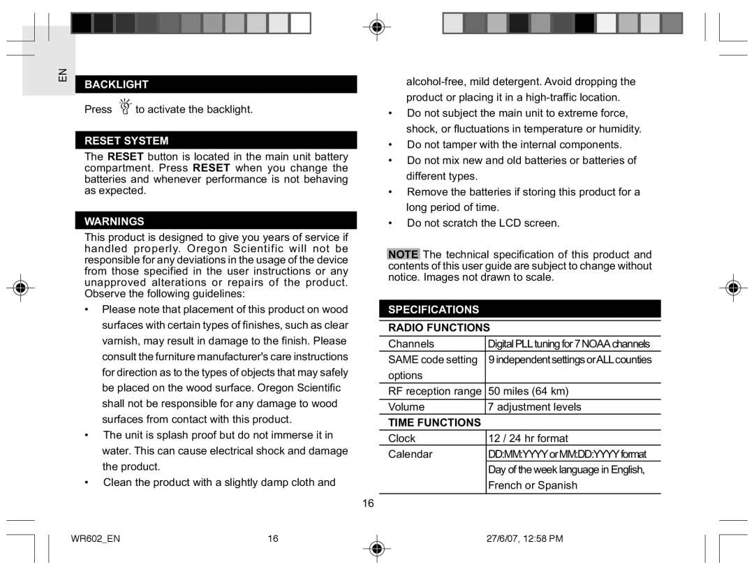 Oregon Scientific WR602 user manual Backlight, Reset System, Specifications, Radio Functions, Time Functions 