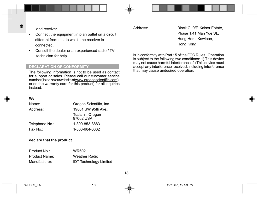 Oregon Scientific Declaration of Conformity, Product No WR602 Product Name Weather Radio Manufacturer, Hong Kong 