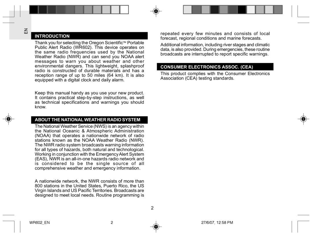 Oregon Scientific WR602 user manual Introduction, About the National Weather Radio Systemm, Consumer Electronics ASSOC. CEA 