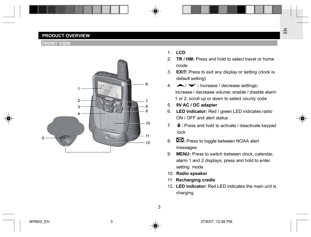 Oregon Scientific WR602 user manual Product Overview Front View, 9V AC / DC adapter, Radio speaker Recharging cradle 