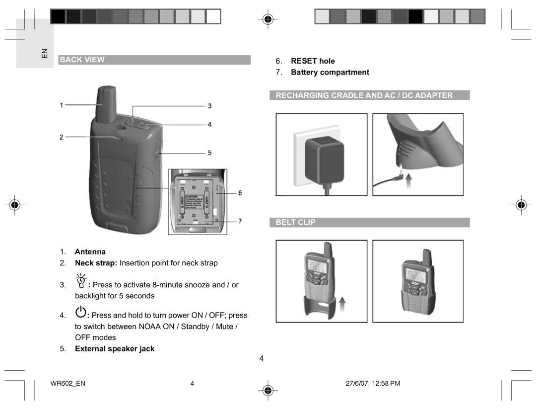 Oregon Scientific WR602 user manual Back View, Antenna, External speaker jack Reset hole Battery compartment 