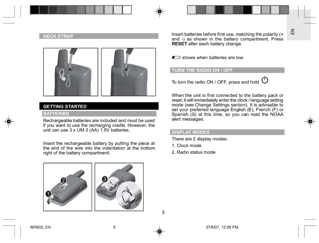 Oregon Scientific WR602 user manual Neck Strap Getting Started Batteries, Turn the Radio on / OFF, Display Modes 