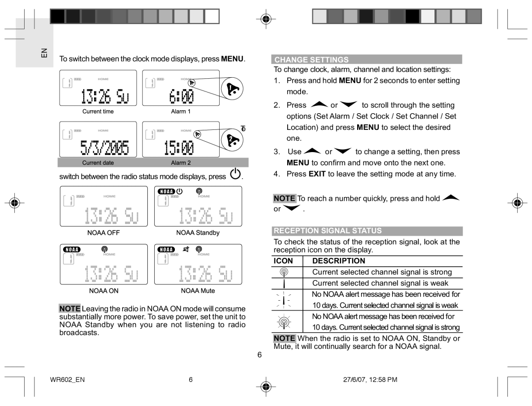 Oregon Scientific WR602 user manual Change Settings, Reception Signal Status, Icon Description 