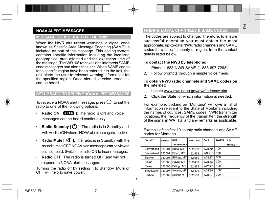 Oregon Scientific WR602 Noaa Alert Messages Message Codes Used by the NWR, SET Upradio to Receive Noaaalert Messages 