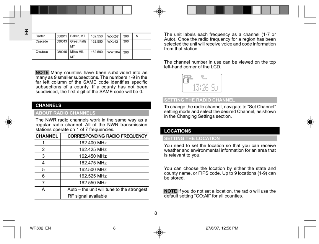 Oregon Scientific WR602 Channels About Radio Channels, Channel Corresponding Radio Frequency, Setting the Radio Channel 