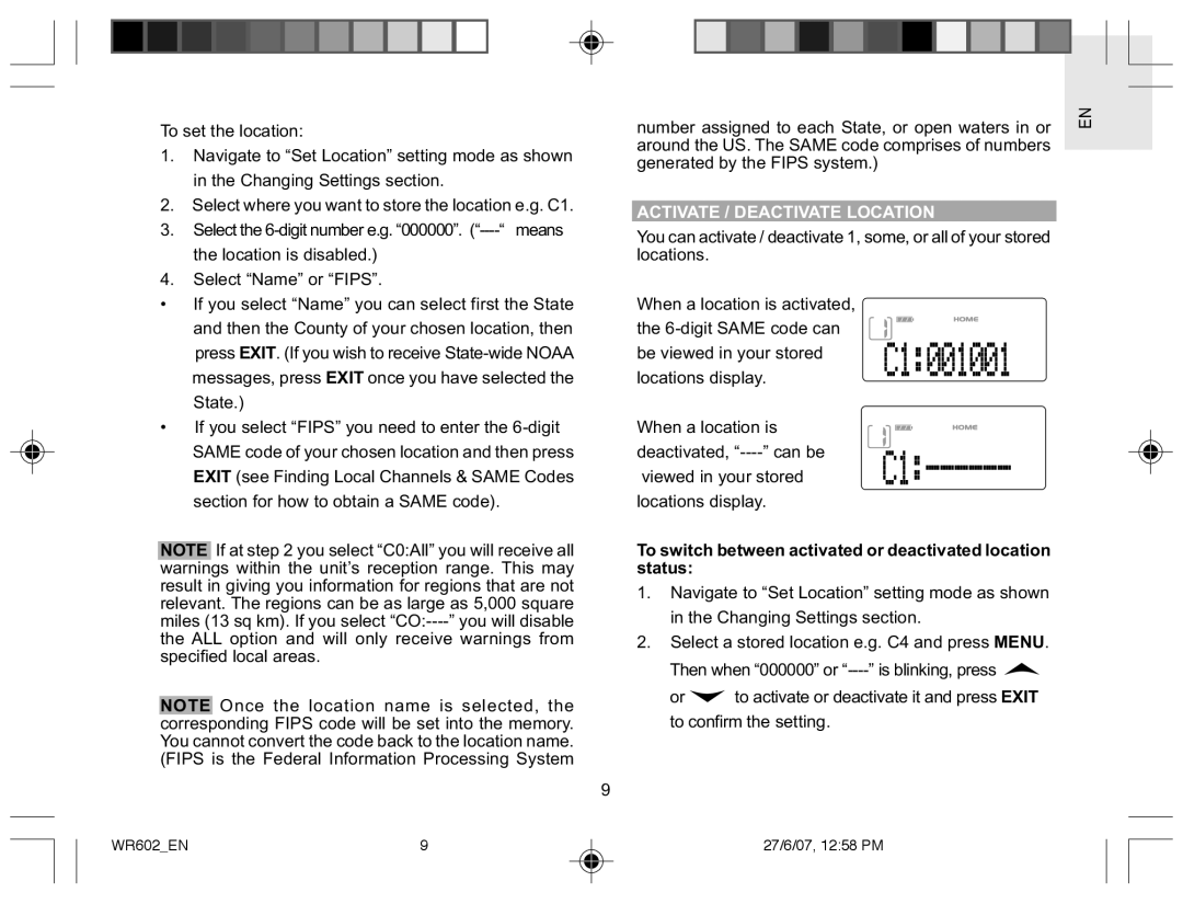 Oregon Scientific WR602 Activate / Deactivate Location, To switch between activated or deactivated location status 