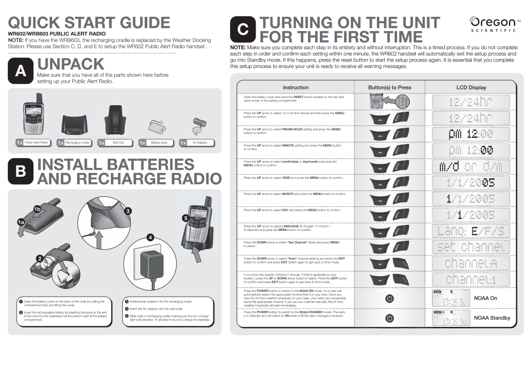 Oregon Scientific WR602, WRB603 quick start Quick Start Guide, Unpack, Install Batteries and Recharge Radio 