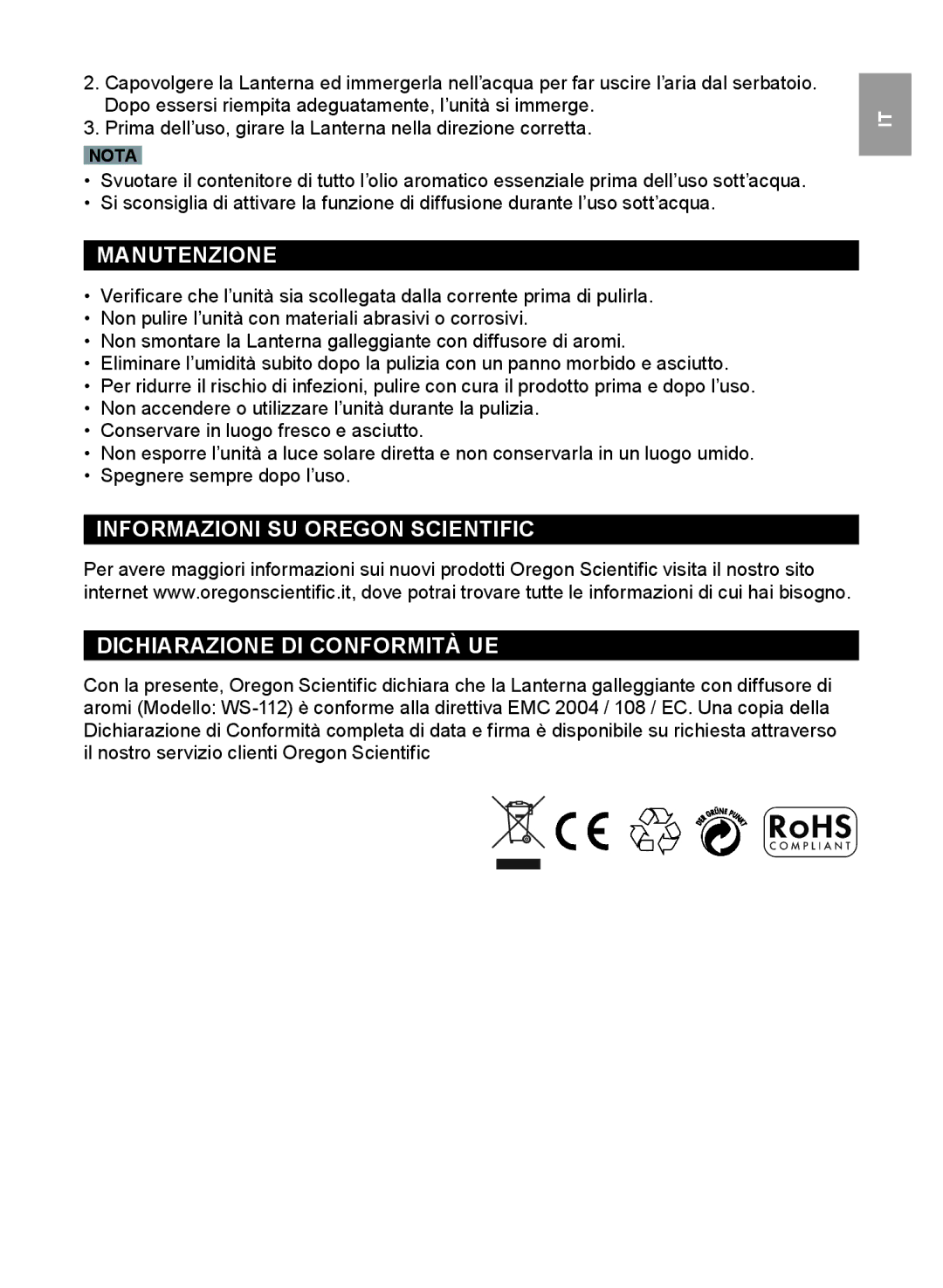 Oregon Scientific WS112 user manual Manutenzione 