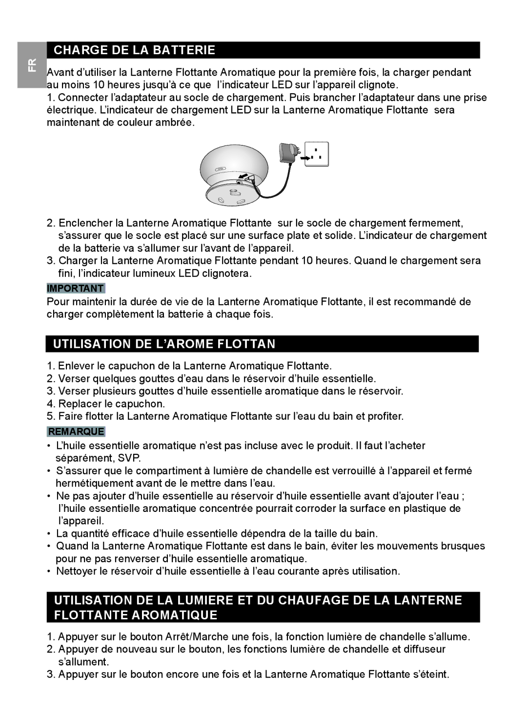 Oregon Scientific WS112 user manual Charge DE LA Batterie, Utilisation DE L’AROME Flottan 