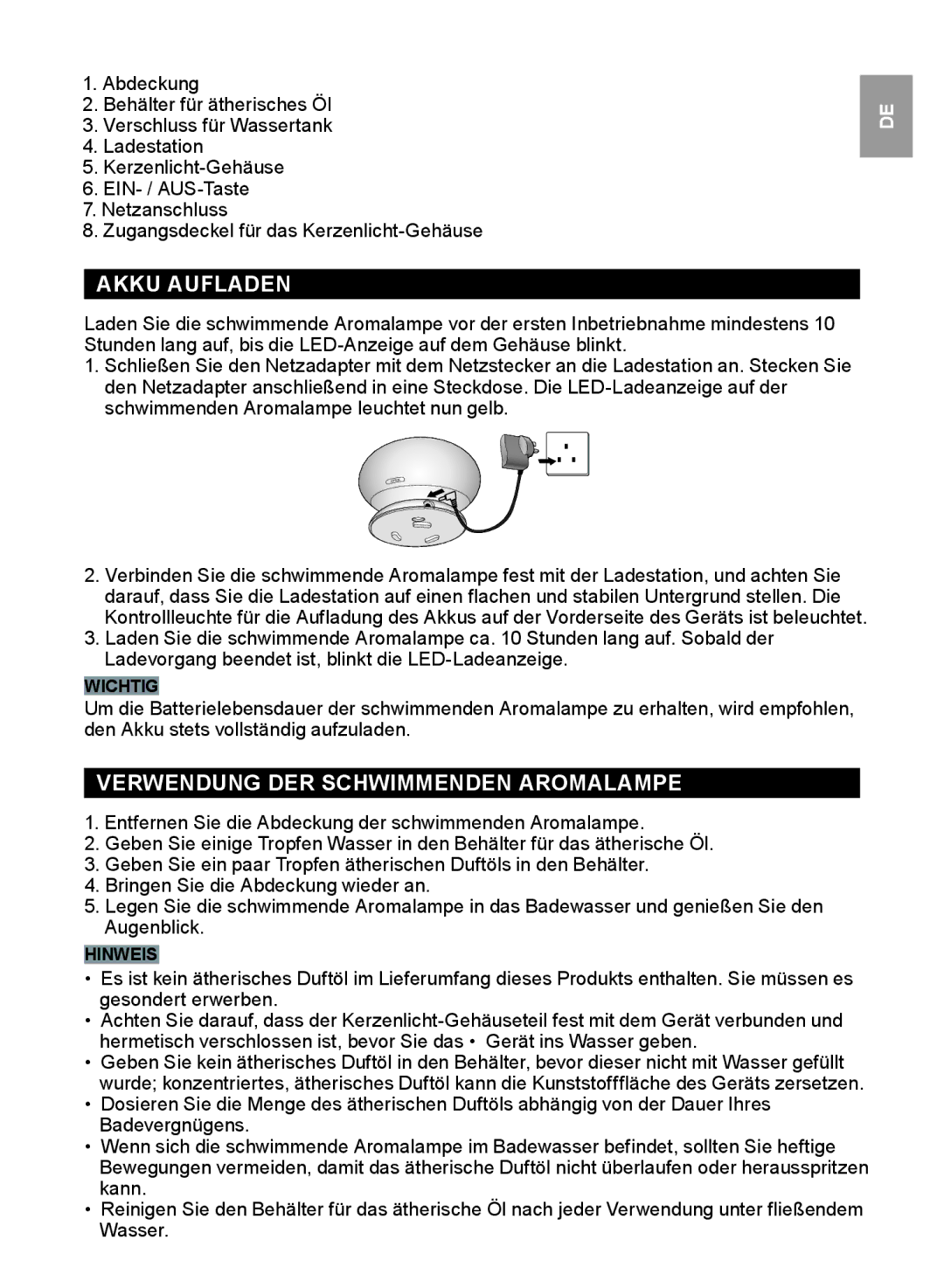 Oregon Scientific WS112 user manual Akku Aufladen, Verwendung DER Schwimmenden Aromalampe 