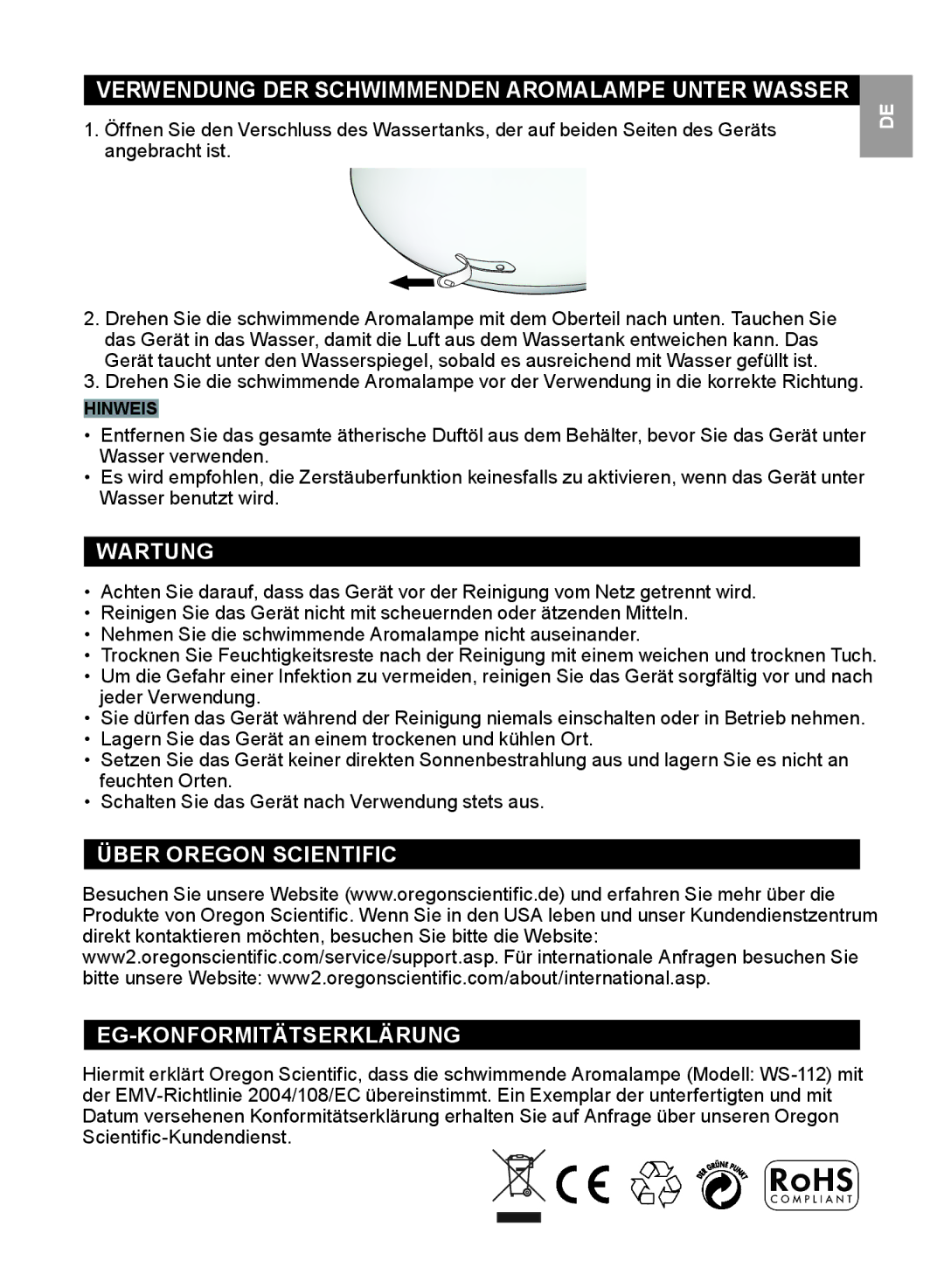 Oregon Scientific WS112 user manual Verwendung DER Schwimmenden Aromalampe Unter Wasser, Wartung 