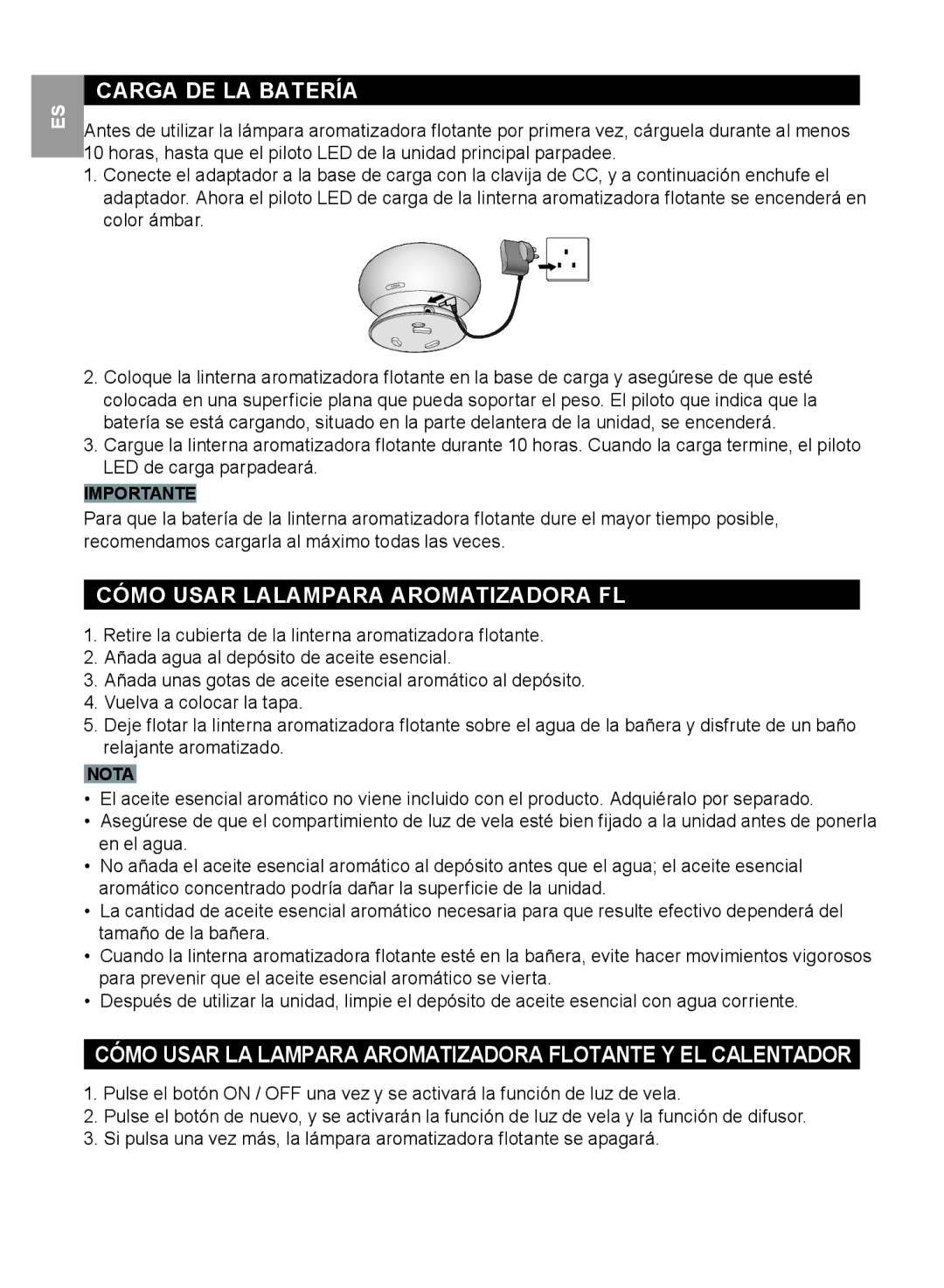 Oregon Scientific WS112 user manual Carga DE LA Batería, Cómo Usar Lalampara Aromatizadora FL 