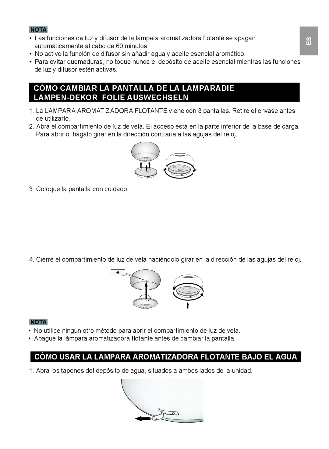 Oregon Scientific WS112 user manual Cómo Usar LA Lampara Aromatizadora Flotante Bajo EL Agua 