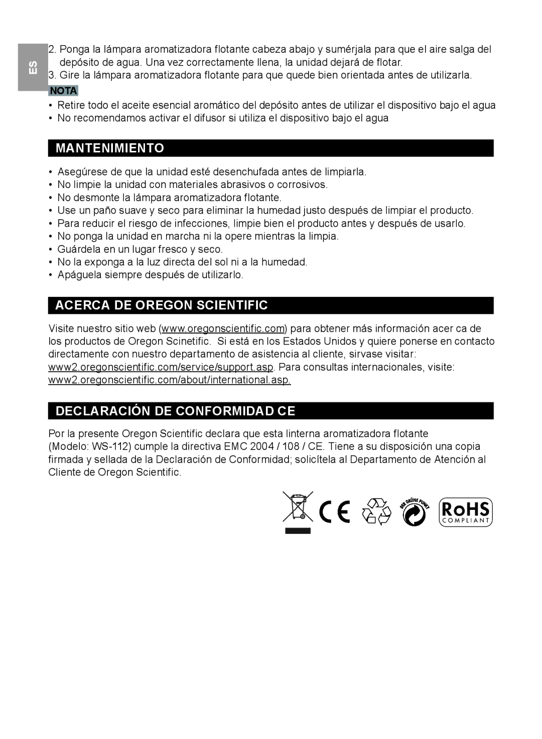 Oregon Scientific WS112 user manual Mantenimiento, Acerca DE Oregon Scientific Declaración DE Conformidad CE 