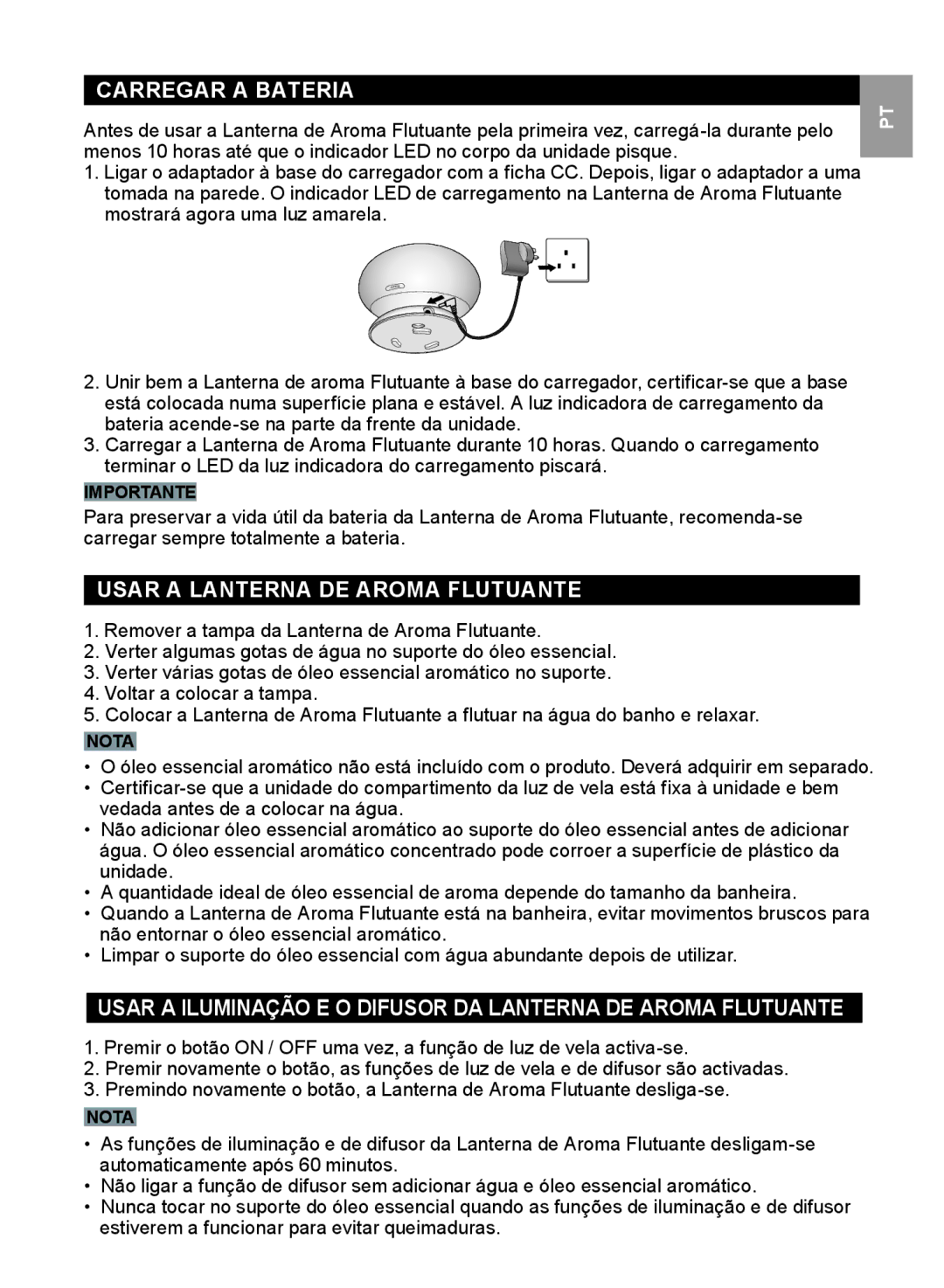 Oregon Scientific WS112 user manual Carregar a Bateria, Usar a Lanterna DE Aroma Flutuante 