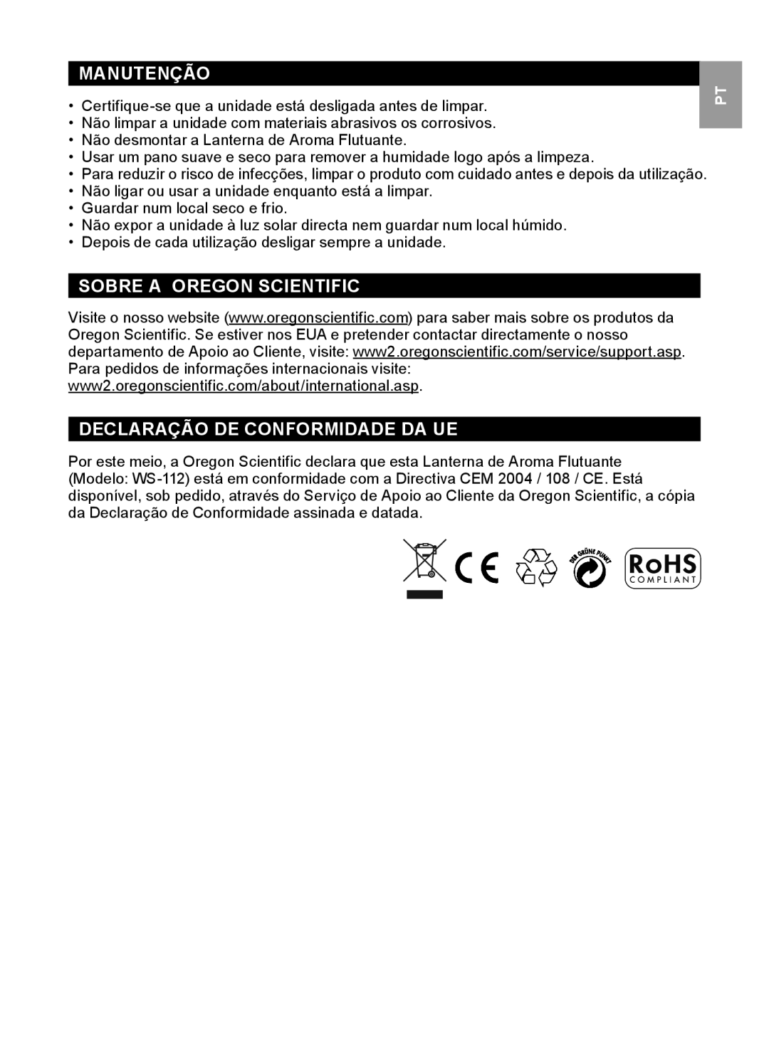 Oregon Scientific WS112 user manual Manutenção, Sobre a Oregon Scientific Declaração DE Conformidade DA UE 