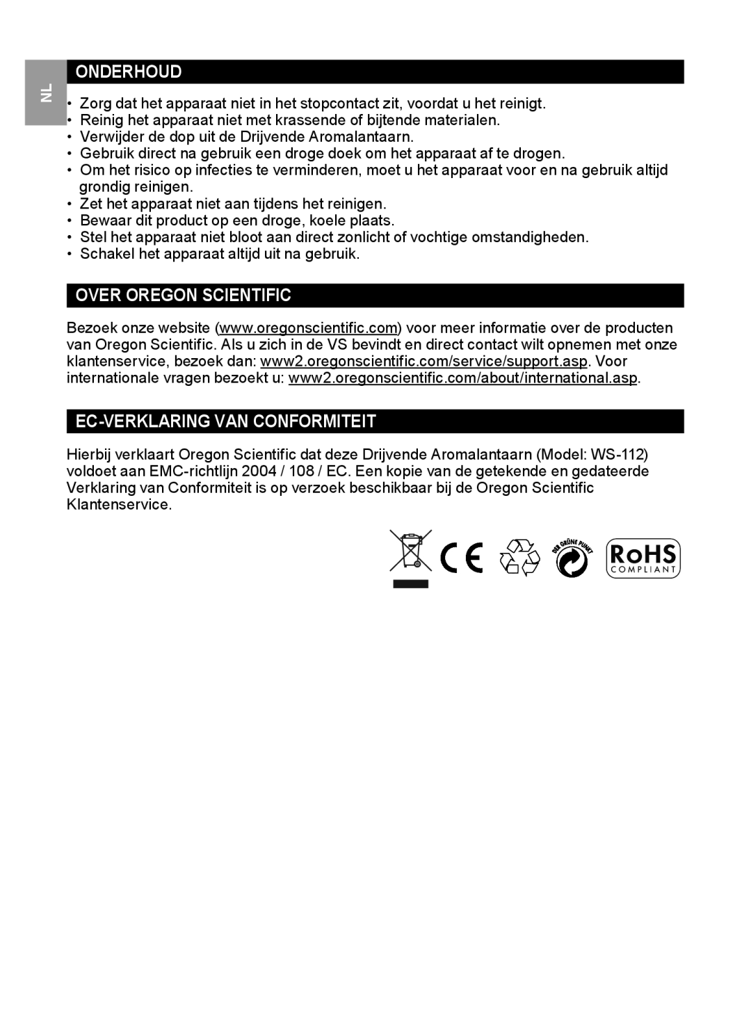 Oregon Scientific WS112 user manual Onderhoud, Over Oregon Scientific EC-VERKLARING VAN Conformiteit 