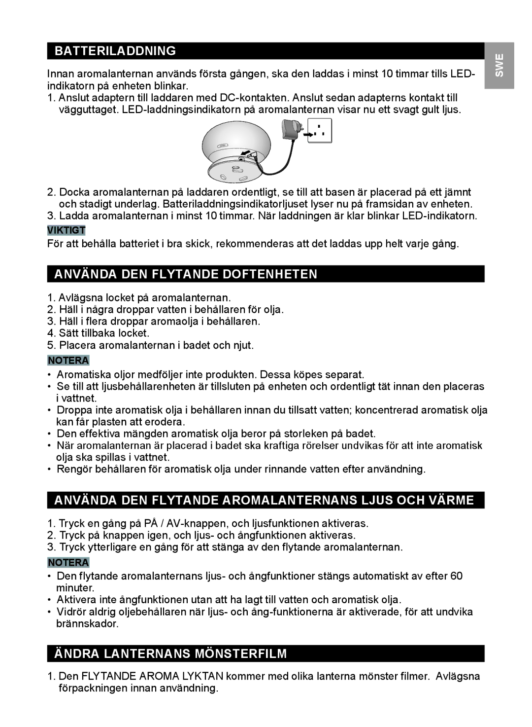 Oregon Scientific WS112 user manual Batteriladdning, Använda DEN Flytande Doftenheten, Ändra Lanternans Mönsterfilm 