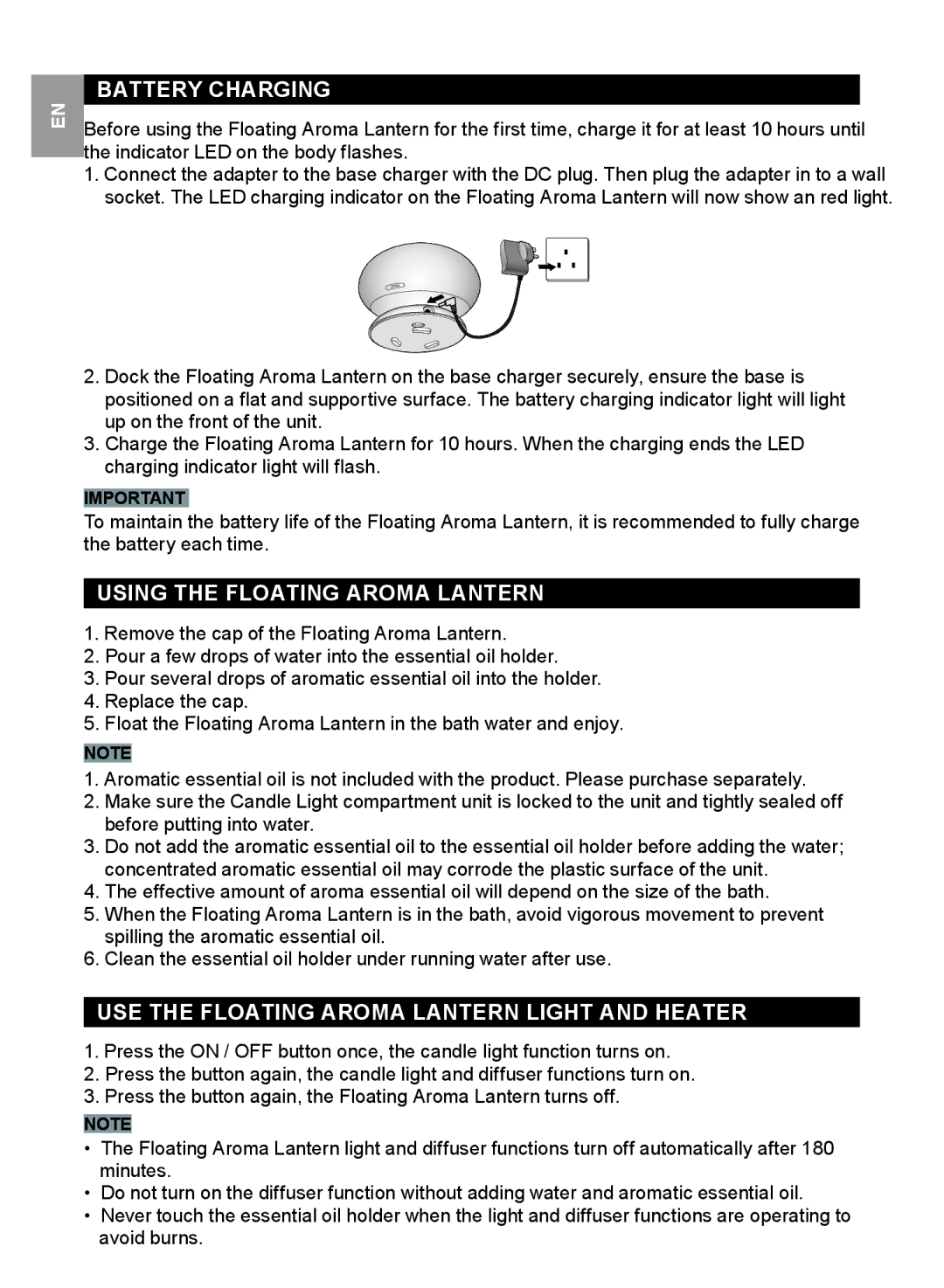 Oregon Scientific WS112 user manual Battery Charging, Using the Floating Aroma Lantern 