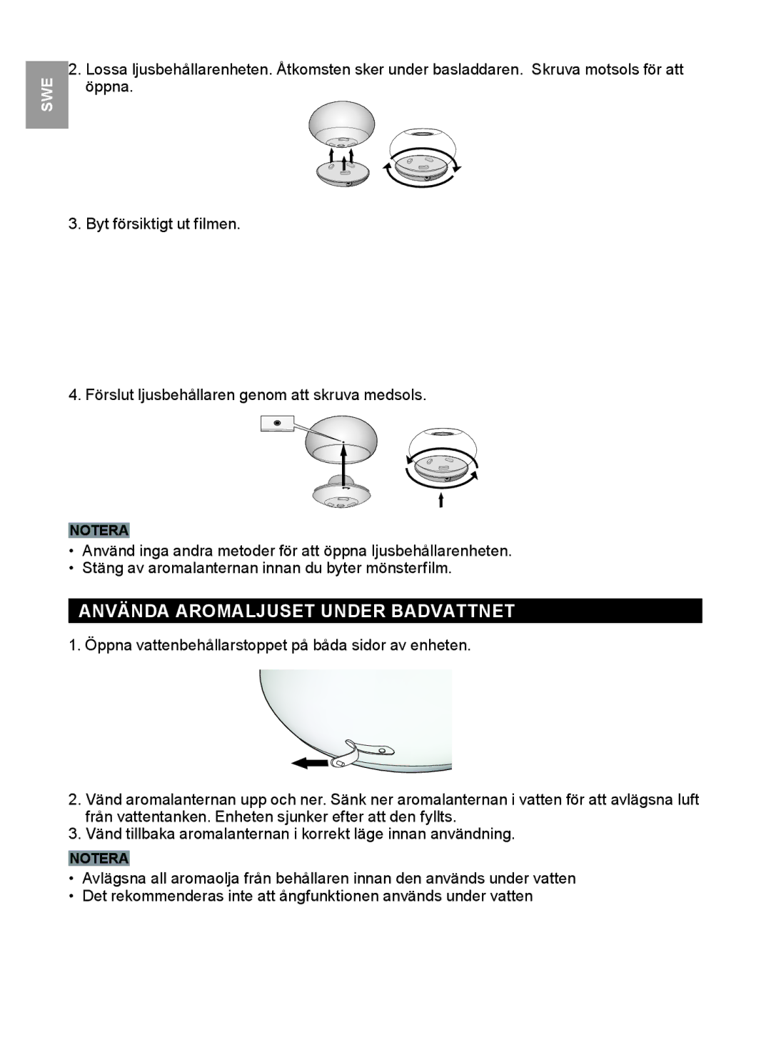 Oregon Scientific WS112 user manual Använda Aromaljuset Under Badvattnet 