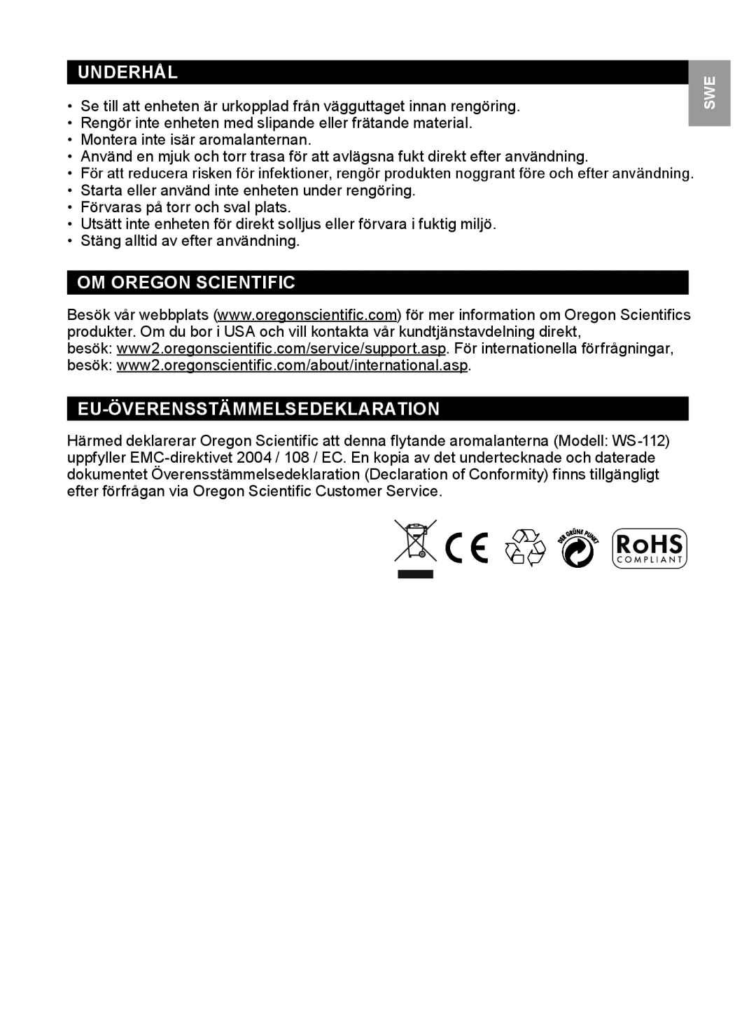 Oregon Scientific WS112 user manual Underhål, OM Oregon Scientific EU-ÖVERENSSTÄMMELSEDEKLARATION 