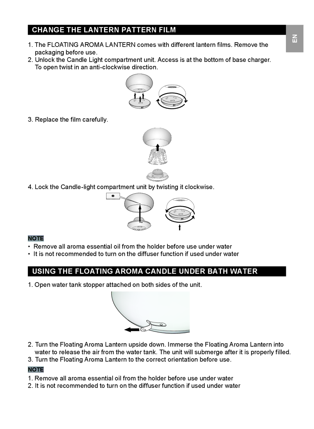 Oregon Scientific WS112 user manual Change the Lantern Pattern Film, Using the Floating Aroma Candle Under Bath Water 