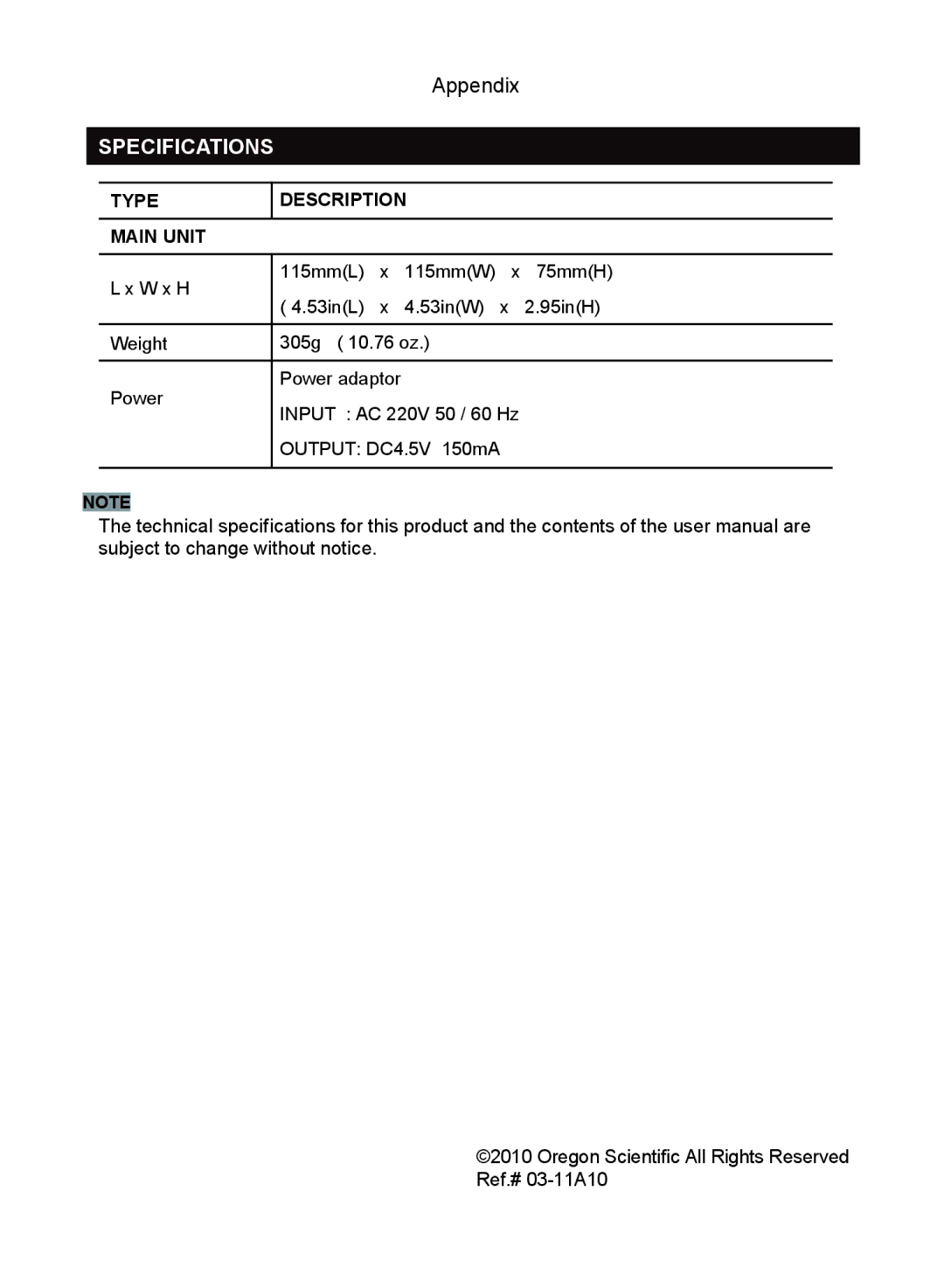 Oregon Scientific WS112 user manual Specifications, Type Description Main Unit 