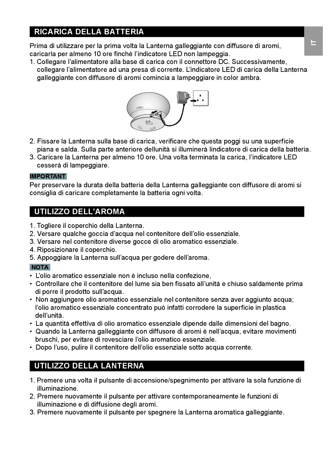 Oregon Scientific WS112 user manual Ricarica Della Batteria, Utilizzo DELL’AROMA, Utilizzo Della Lanterna 