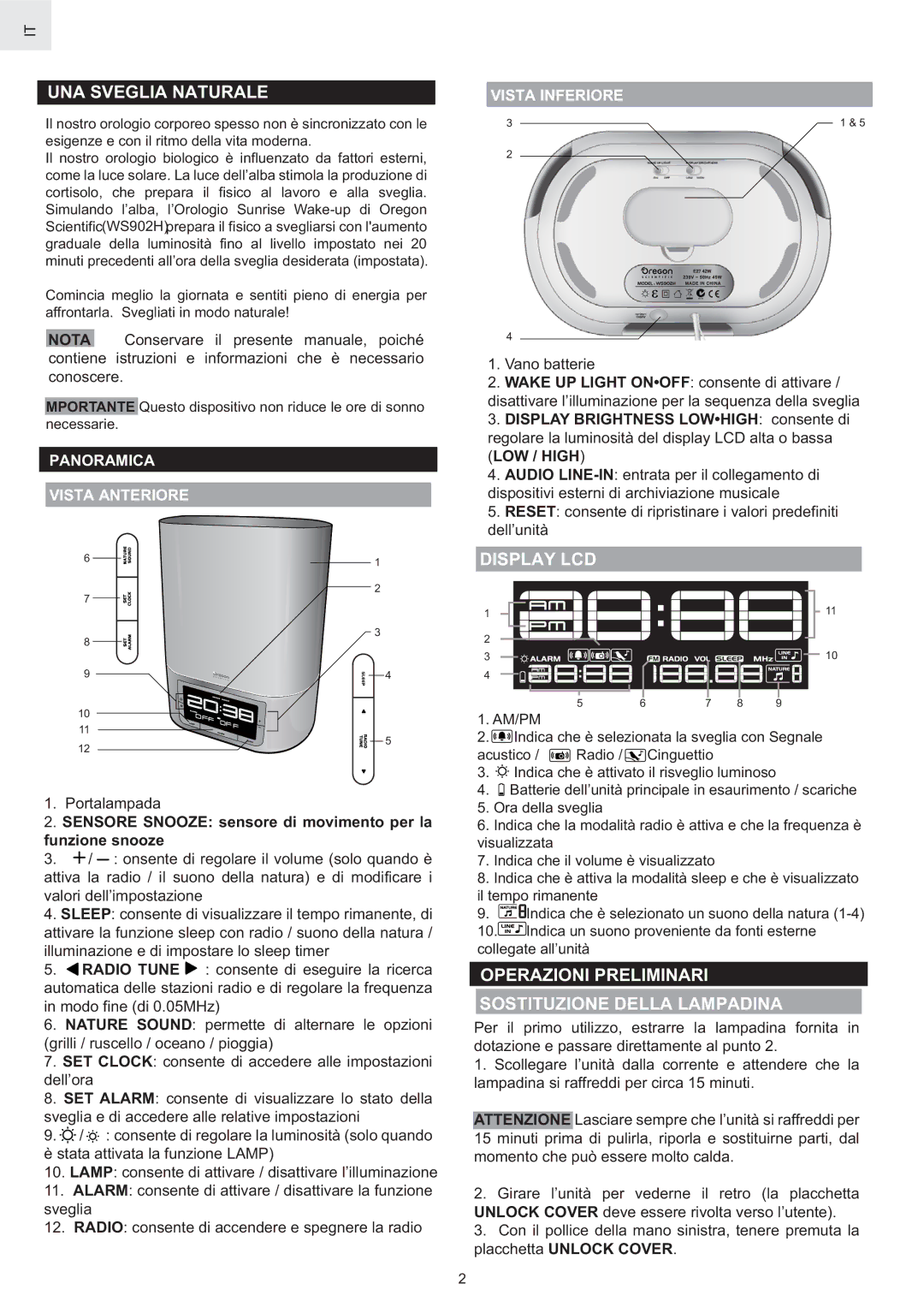 Oregon Scientific WS902H UNA Sveglia Naturale, Display LCD, Operazioni Preliminari Sostituzione Della Lampadina 