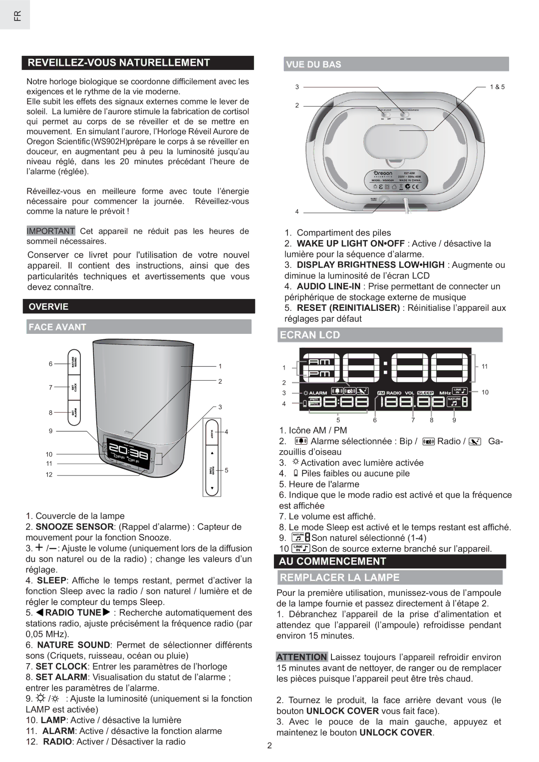 Oregon Scientific WS902 REVEILLEZ-VOUS Naturellement, Ecran LCD, AU Commencement Remplacer LA Lampe, Overvie Face Avant 