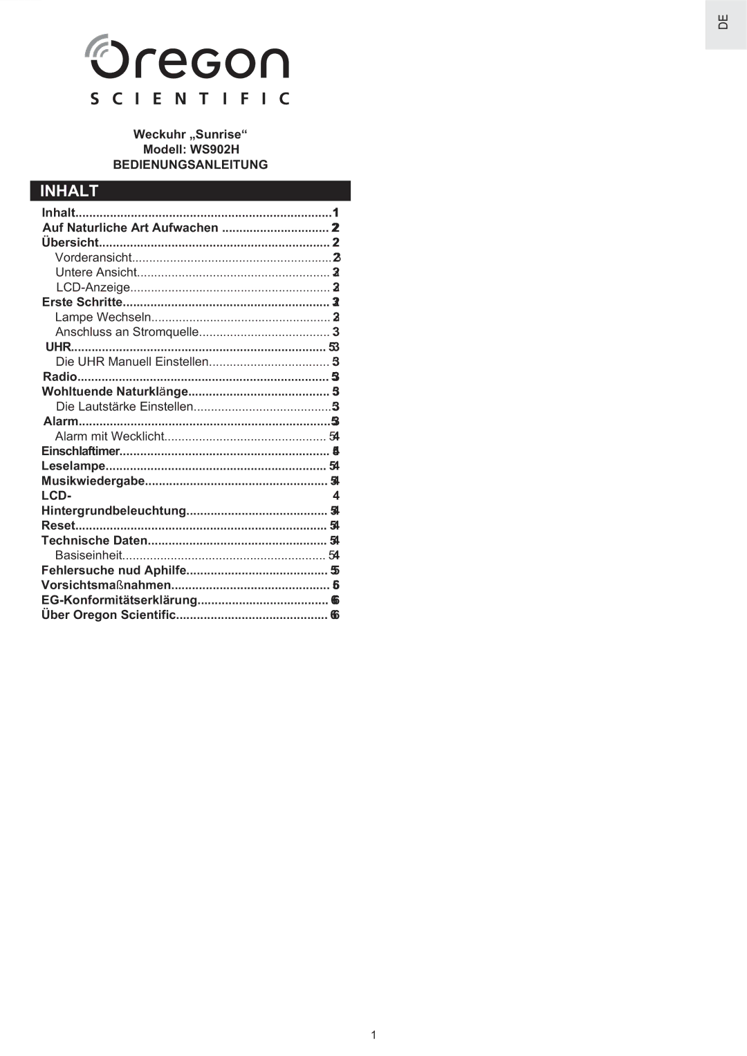 Oregon Scientific WS902H user manual Inhalt, Uhr 