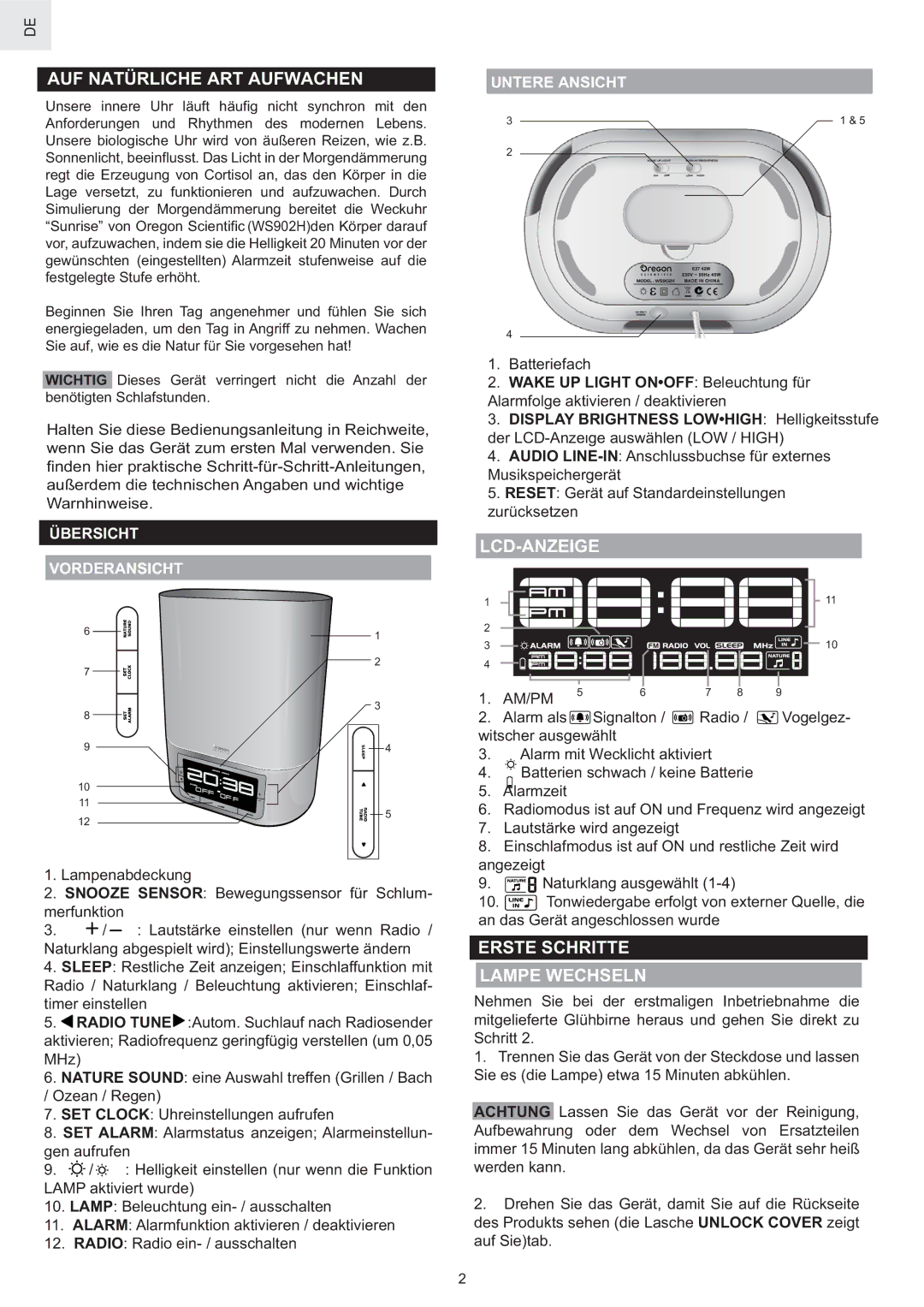 Oregon Scientific WS902 AUF Natürliche ART Aufwachen, Lcd-Anzeige, Erste Schritte Lampe Wechseln, Übersicht Vorderansicht 