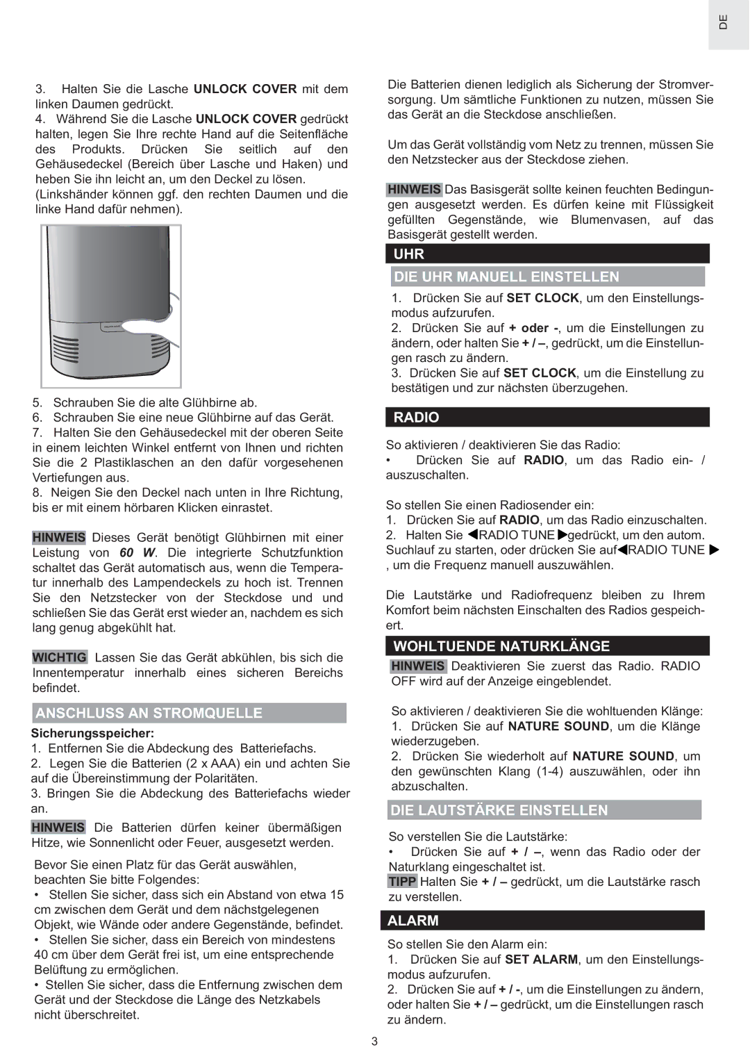 Oregon Scientific WS902H user manual Anschluss AN Stromquelle, UHR DIE UHR Manuell Einstellen, Wohltuende Naturklänge 