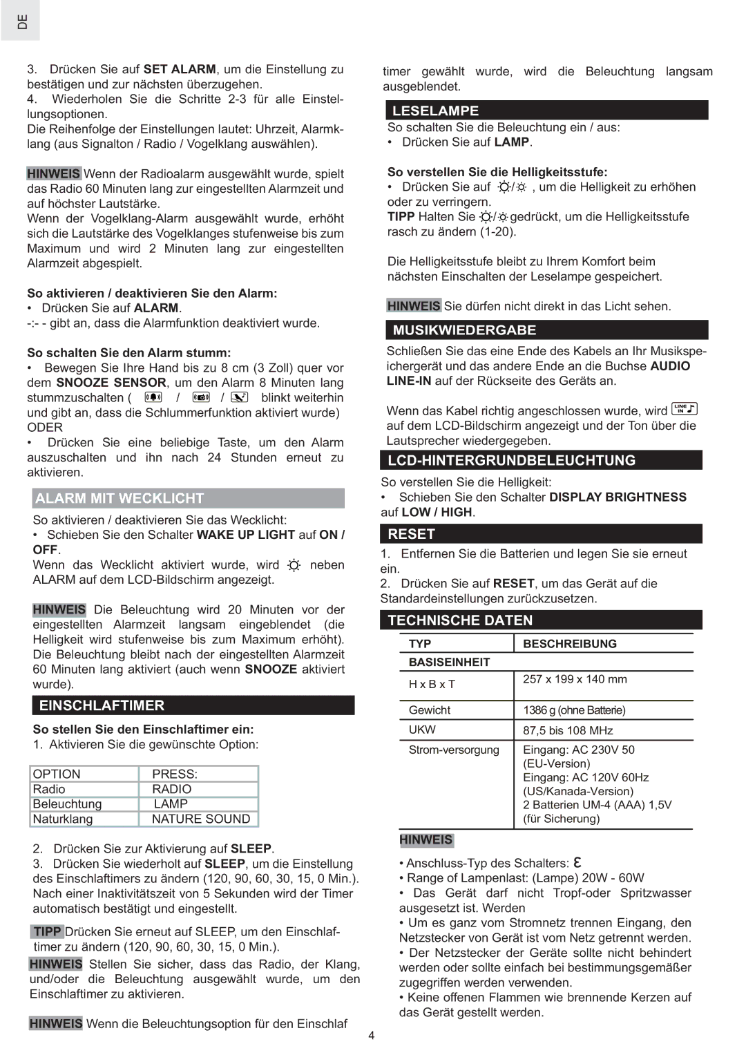 Oregon Scientific WS902H user manual Alarm MIT Wecklicht, Einschlaftimer, Lcd-Hintergrundbeleuchtung, Technische Daten 