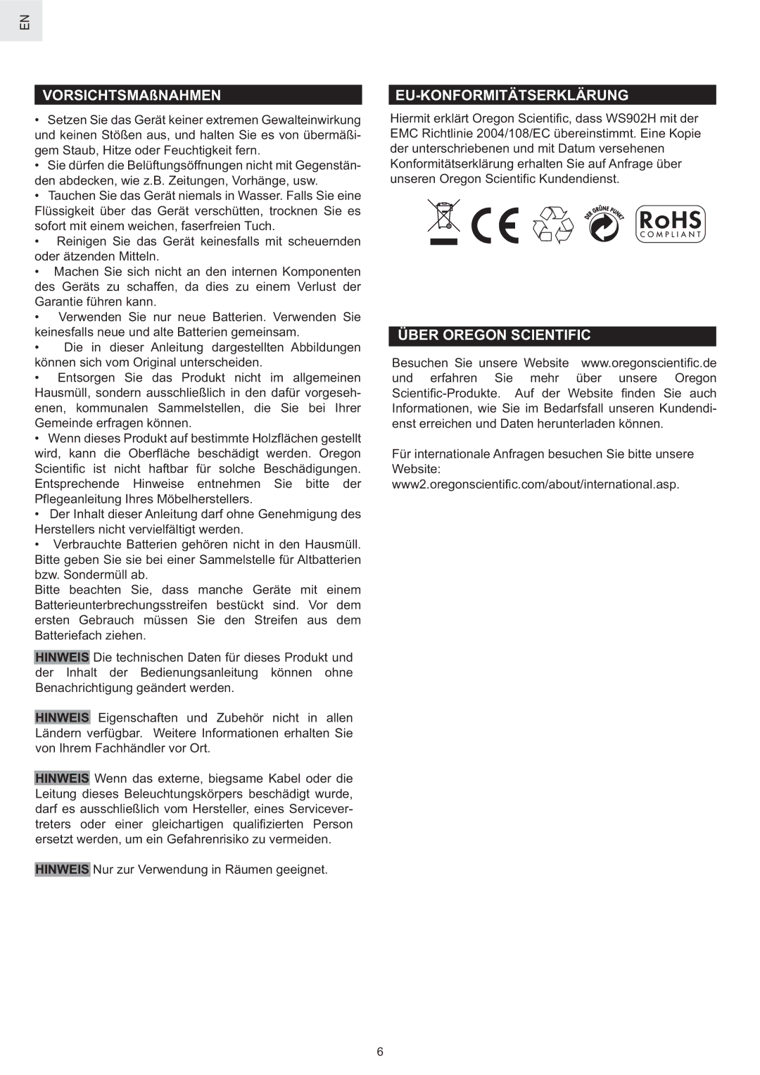 Oregon Scientific WS902H user manual Eu-Konformitätserklärung, Über Oregon Scientific 