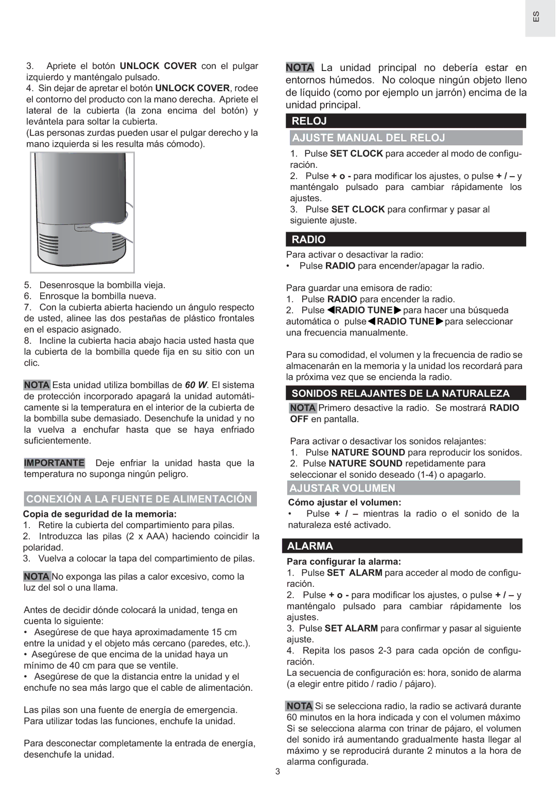 Oregon Scientific WS902H Conexión a LA Fuente DE Alimentación, Reloj Ajuste Manual DEL Reloj, Ajustar Volumen, Alarma 