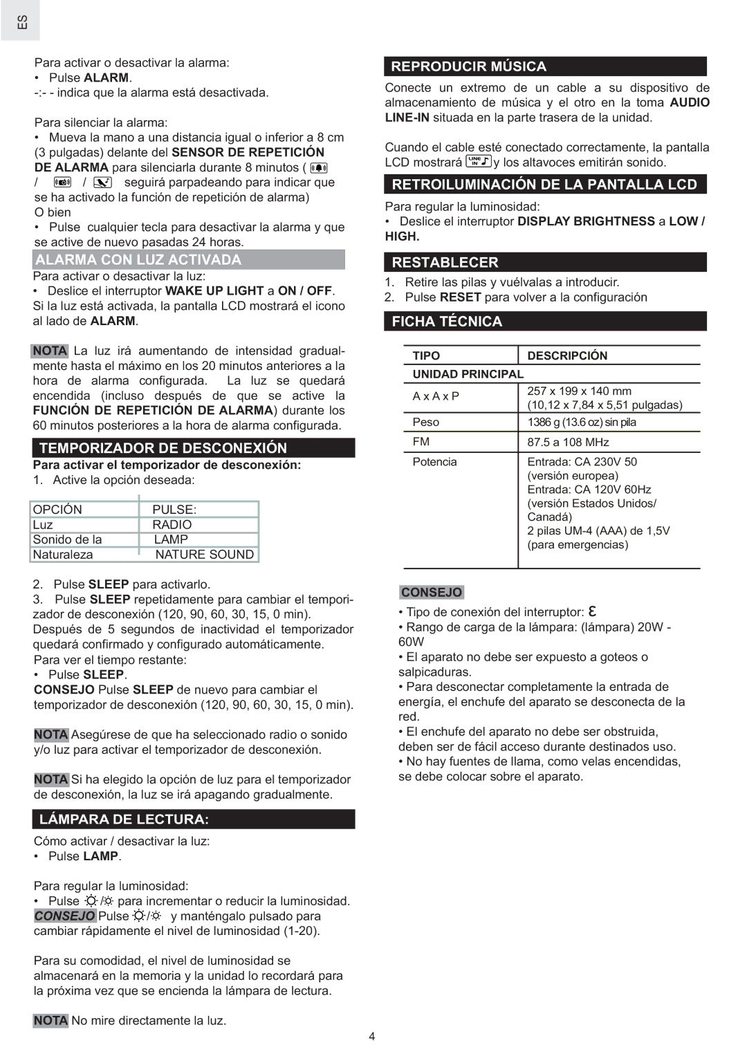 Oregon Scientific WS902H Alarma CON LUZ Activada, Temporizador DE Desconexión, Retroiluminación DE LA Pantalla LCD 