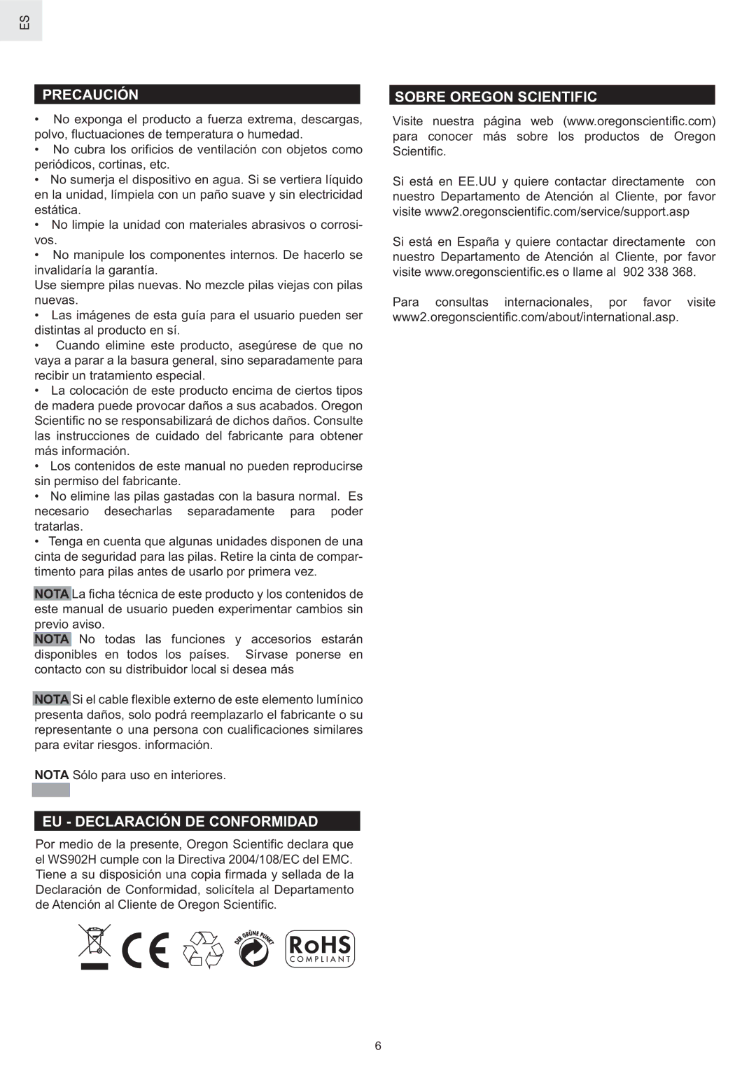 Oregon Scientific WS902H user manual Precaución, EU Declaración DE Conformidad, Sobre Oregon Scientific 