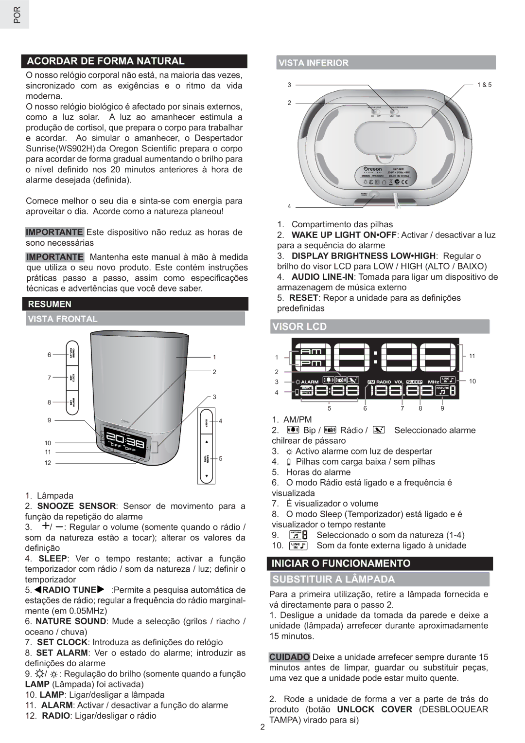 Oregon Scientific WS902H user manual Acordar DE Forma Natural, Visor LCD, Iniciar O Funcionamento Substituir a Lâmpada 