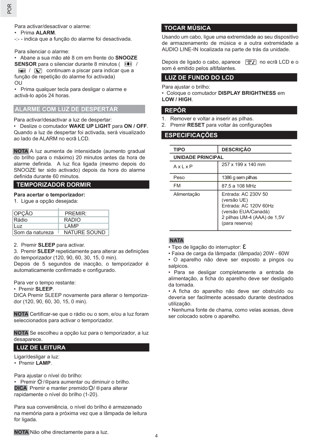 Oregon Scientific WS902 Alarme COM LUZ DE Despertar, Temporizador Dormir, LUZ DE Fundo do LCD, Repôr, Especificações 